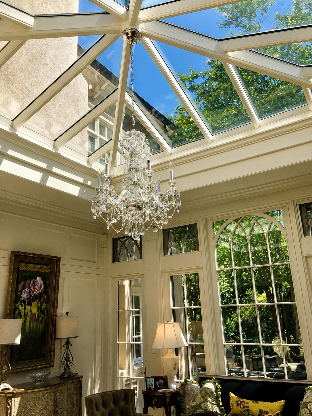 Crystal chandelier in a light-filled architectural interior